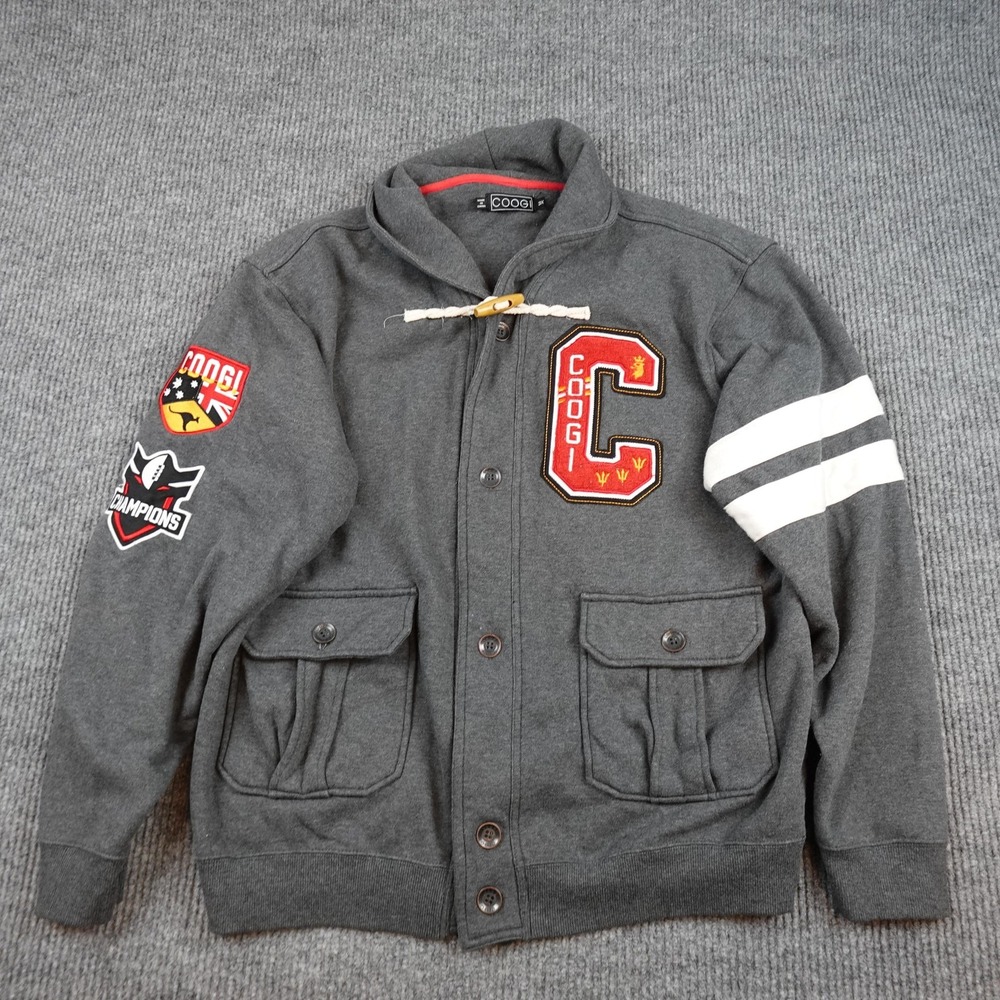 Coogi Sweatshirt Mens 3XL Gray Fleece Button Varsity Cardigan C Patch Champions